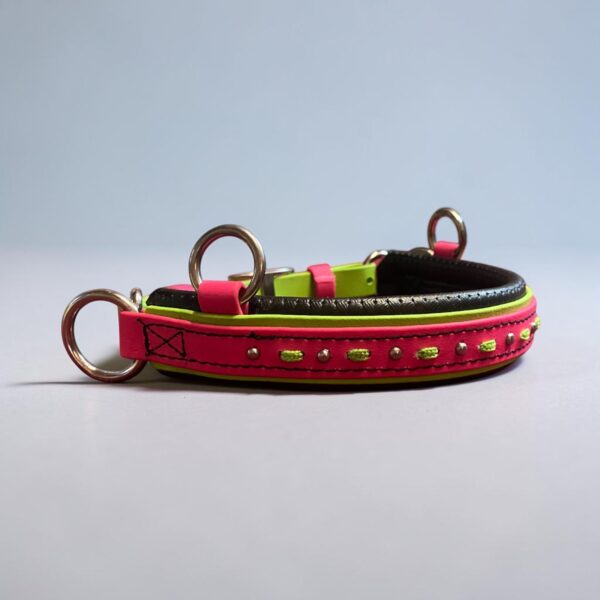 SpottedLacedSPAttach | Madtack Close-up of a colorful pet collar with metal rings and bright pink and lime green straps.