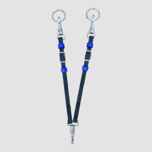 Two navy adjustable straps with blue loops and silver buckles, each ending in a metal snap hook against a light gray background.
